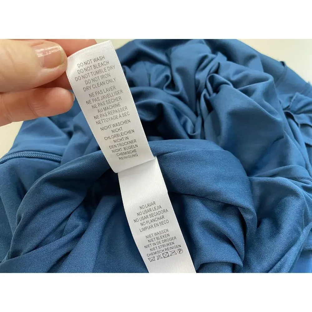 Adrianna Papell Dress Womens 12 Blue Ruched Puff Sleeve Hi Low Semi Formal Gown - Picture 12 of 13